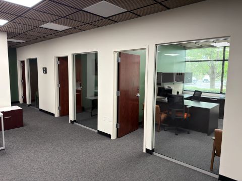Glass fronted offices under wood slat ceiling