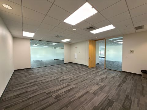 Open interior with frosted glass partitions