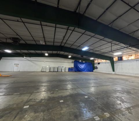 Wide warehouse interior with green steel beams