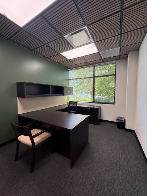 Private office with dark desk and window
