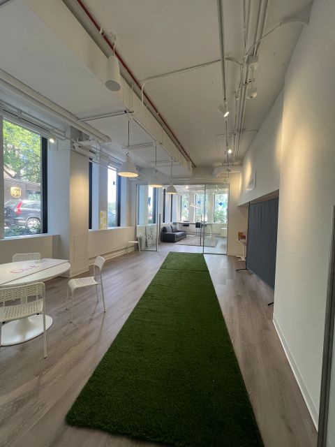 Activity corridor with a turf strip and tall windows